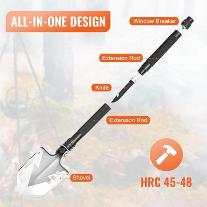 VEVOR Survival Shovel - 8 in 1 Camping Shovel Folding Multitool, Military Grade Portable Compact Tactical Shovel, Multifunction for Off-Roading, Camping, Hiking, Outdoor, Survivalist and Emergency