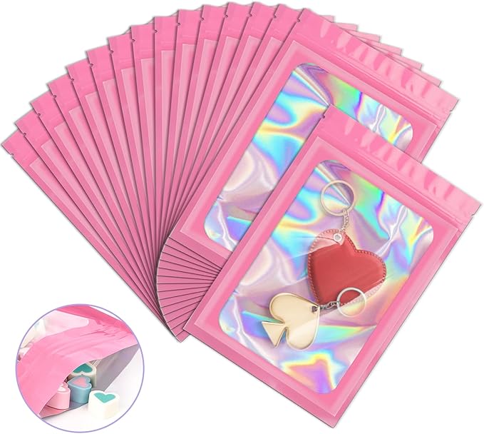100 Pack Holographic Bags, Resealable Bags Packaging Bag with Clear Window Resealable Odor Foil Pouch for Food Storage, LipglossJewelry Lash Packaging(Pink, 2.4 x 3.9 Inch)