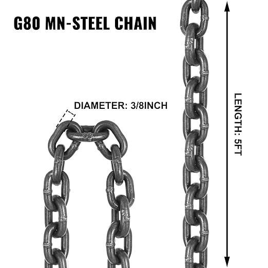 VEVOR Chain Sling, 3/8-inch x 5-ft Double-Leg Lifting Chains with Grab Hooks, 4-ton Capacity Lifting Slings, G80 Alloy Steel Double-Leg Slings