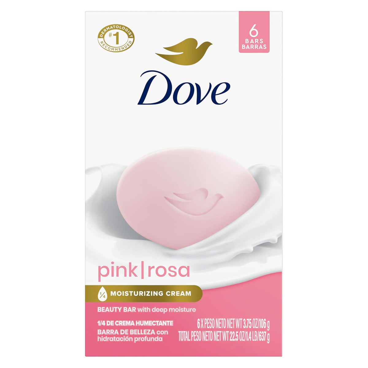 Dove Beauty Bar Soap Pink Rosa, for Soft, Smooth Skin, 6 Bars 3.75 oz For face, body & hands, Helps cleanse without dryness, With 1/4 moisturizing cream, Sulfate-free