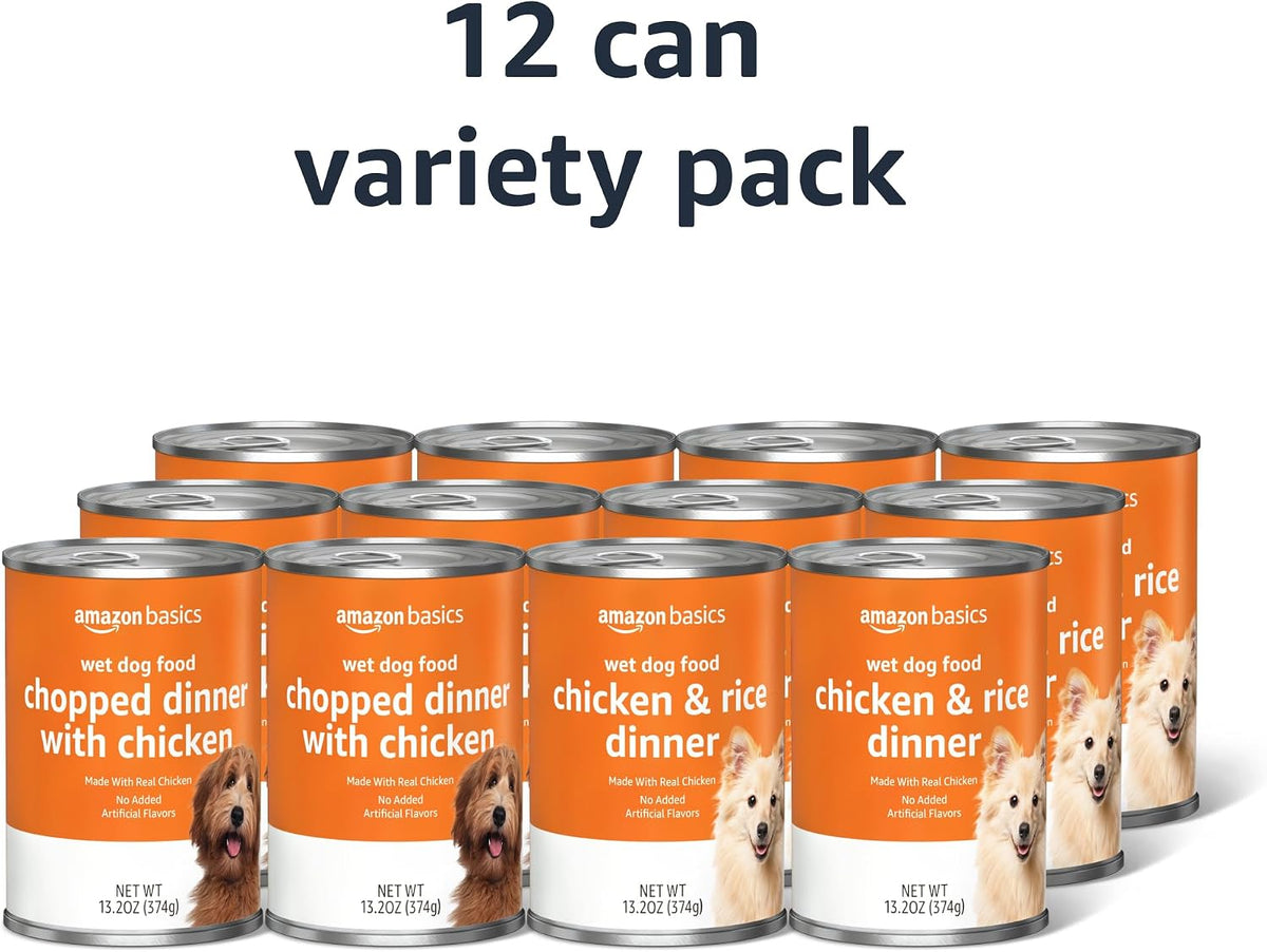 Basics Chopped Ground Dinner Wet Dog Food Variety Pack, Chicken and Rice Flavor and Chopped Dinner with Chicken, Made with Natural Ingredients, 13.2oz Cans (Pack of 11)