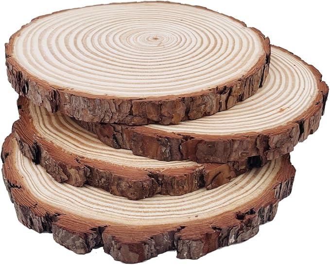 Natural Round Discs Rustic Wood Slices 4 PCS 4-5 inch Unfinished Wood kit Circles Crafts Tree Slices with Bark Log Discs for DIY Arts and Wedding Party Potluck Banquet Ornaments Decorations