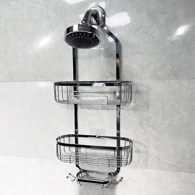 HOPOPRO Hanging Shower Organizer, Over Head Shower Caddy Bathroom Shower Storage Rack Basket with Hooks for Sponge or Towels No Drilling & Rustproof, Chrome