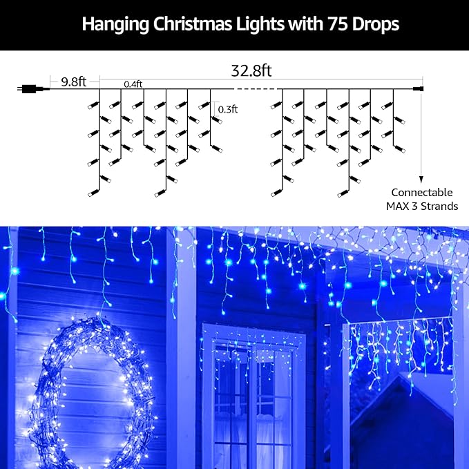 Led Christmas Lights Outdoor Christmas Decorations Hanging Lights 400LED 8 Modes 75 Drops, Waterproof Outdoor Indoor Fairy Christmas Light for Party, Holiday, Wedding Decorations (Blue)