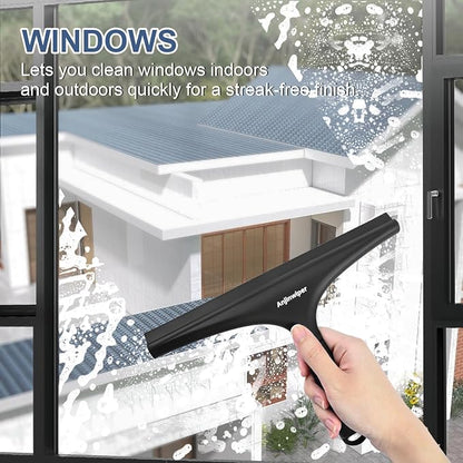 All-Purpose Shower Squeegee for Glass Doors with Hook, Silicone Squeegee for Shower Glass, Shower Doors, Windows, Bathroom, Mirrors and Tiles?10 inch, Black)