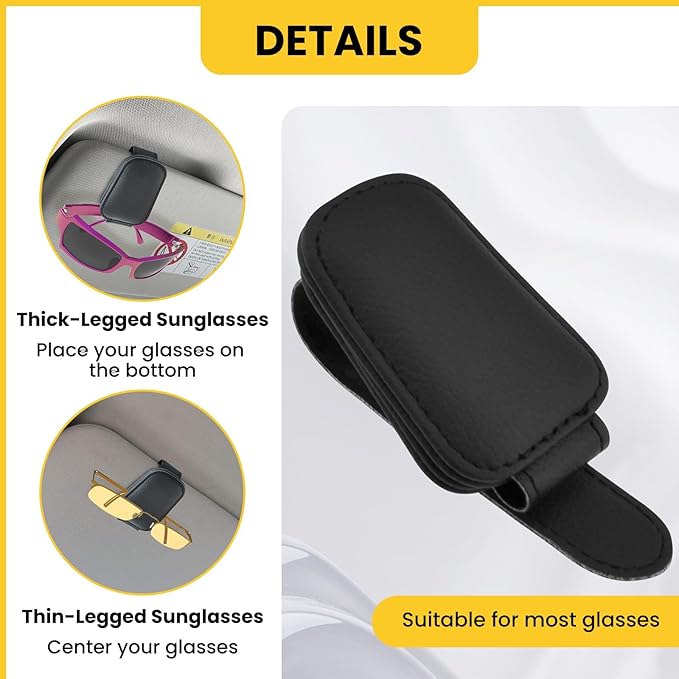 Magnetic Sunglasses Holder for Car Visor Clip, Car Visor Sunglasses Holder Clip, Car Leather Glasses Holder, with Hidden Magnetic Closure, Auto Interior Accessories, 1 Pack (Black)