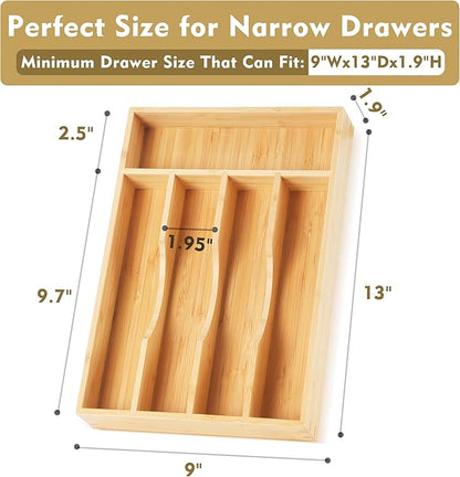 Bamboo Kitchen Drawer Organizer, 9 Inch Silverware Utensil Holder for Samll Drawer, Narrow Silverware Organizer for Cutlery Knives