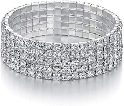 Harlorki Women Lady's 5 Rows Shiny Rhinestone Charm Elastic Stretch Bracelet Sparkling Bridal Bangle Wrist Band Cuff Fashion Jewelry