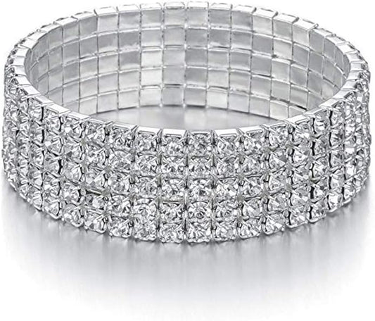 Harlorki Women Lady's 5 Rows Shiny Rhinestone Charm Elastic Stretch Bracelet Sparkling Bridal Bangle Wrist Band Cuff Fashion Jewelry
