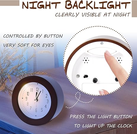 Wooden Analog Alarm Clock Silent Non-Ticking Desk Clock Battery Operated Table Clock with Nightlight for Bedroom,Children's Room, Living Room,Brown(4Inch)