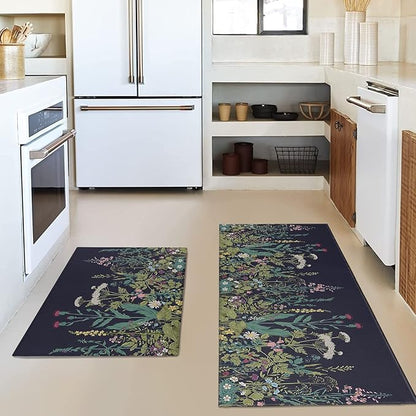 Farmhouse Kitchen Rugs and Mats Sets of 2, Weeds Floral Kitchen Decoration Rubber Backing Non-Slip Mats for Sink Waterproof Floor Mat for Laundry Room,17x3017x48inch