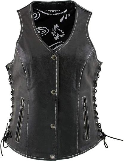 XS1029 Women's 'Paisley' Black Motorcycle Leather Vest with Side Lace Adjustment