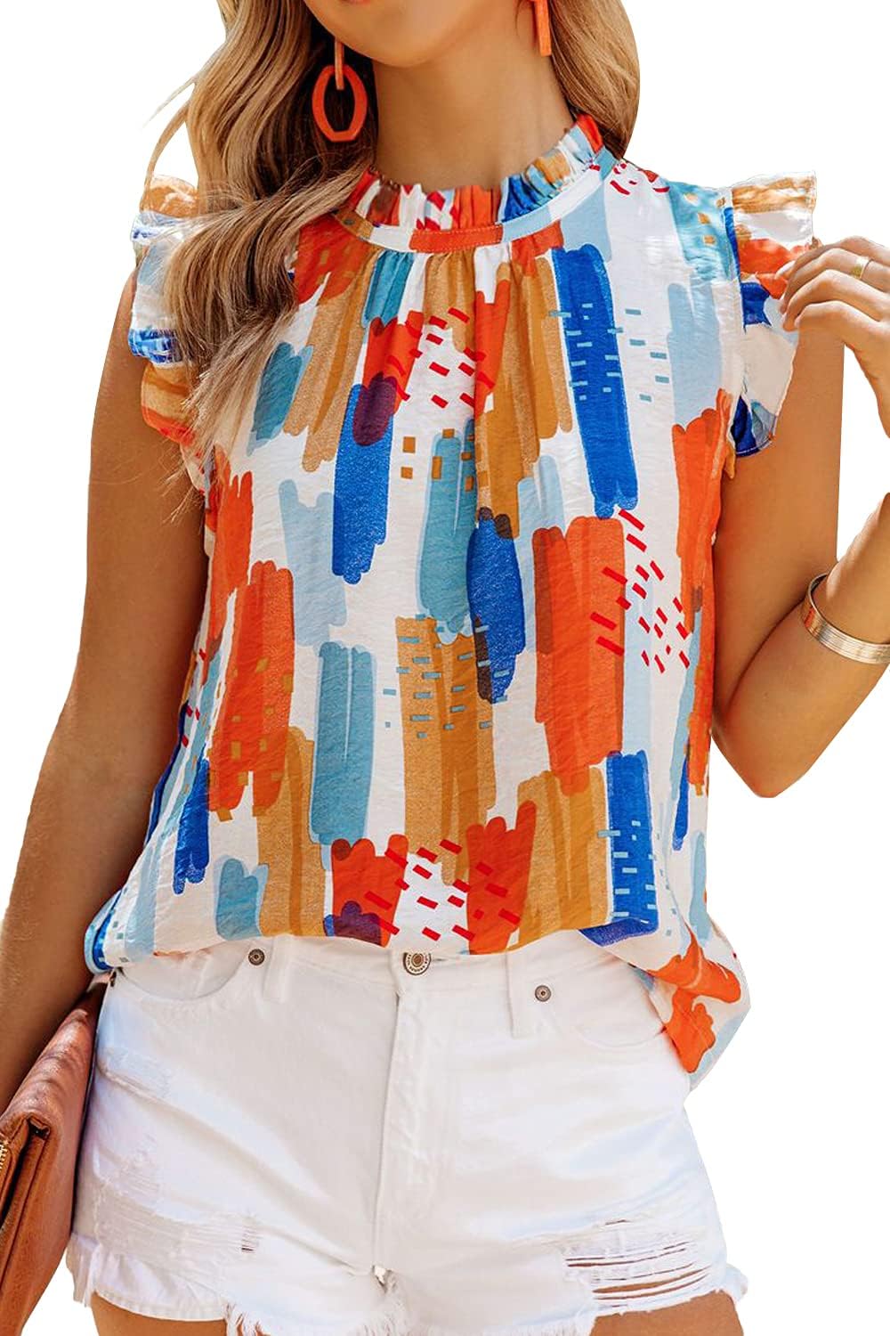 Allimy Women Summer Ruffle Trim Neckline Tank Tops Double Lined Chiffon Blouses