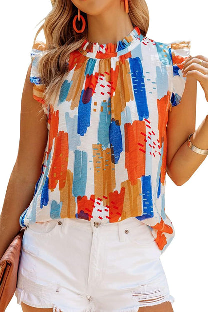 Allimy Women Summer Ruffle Trim Neckline Tank Tops Double Lined Chiffon Blouses