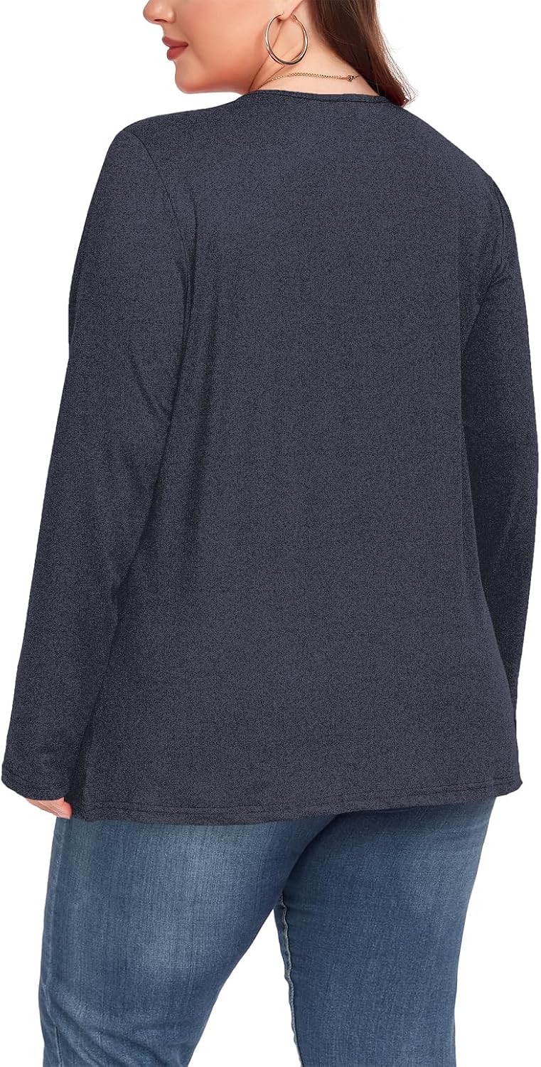 Halife Women's Plus Size Top Henley Neck Shirt Long Sleeve Button Front Round Neck Tee Basic Ladies Loose Fit T Shirt