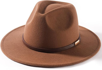 FURTALK Fedora Hats for Men Women Wide Brim Felt Panama Dress Hat with Belt Buckle Adjustable Size 7-7 3/8
