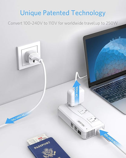 BESTEK International Power Adapter 250W, 220V to 110V Step Down Travel Voltage Converter with 4-Port USB Including USAUEUUKIndiaSouth Africa Plug Adapter (White)