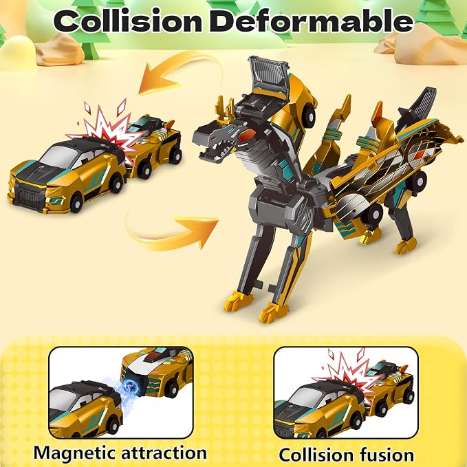 Intoypad Collision Transforming Dinosaur Car Toy, 2 Magnetic Cars Transform into Dinosaur Toys for Kids Toddler Fun Deformation Robot Dino Car Christmas Birthday Gift Toys for Boys Girl(Golden Dragon)