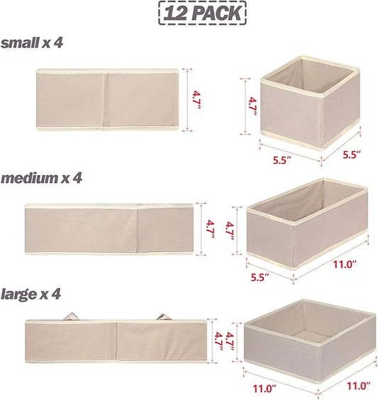 DIOMMELL 12 Pack Foldable Cloth Storage Box Closet Dresser Drawer Organizer Fabric Baskets Bins Containers Divider for Clothes Underwear Bras Socks Lingerie Clothing, Beige 444