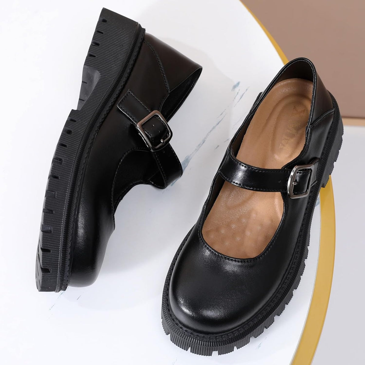 Size 10.5-11 XMM Mary Jane Shoes Platform Chunky Mary Janes for Women Ladies Comfort Leather Round Toe Non-Slip Dressy Casual Cute Girls School Work Shoes