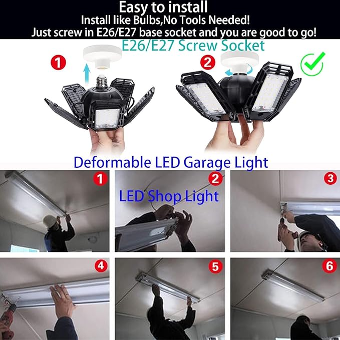 2 Pack LED Garage Light, 150W Ultra Bright Shop Light with 5 Adjustable Panels,15000LM 6500K E26E27 Deformable Ceiling Lights for Garage, Workshop