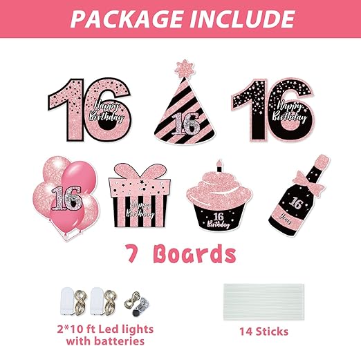 Sweet 16 Birthday Decorations - 7 Pcs Black & Pink Sweet 16 Yard Signs with Stakes, 2 Pcs LED Lights, Sparkling at Night, Weatherproof, Perfect Outdoor Lawn Decorations