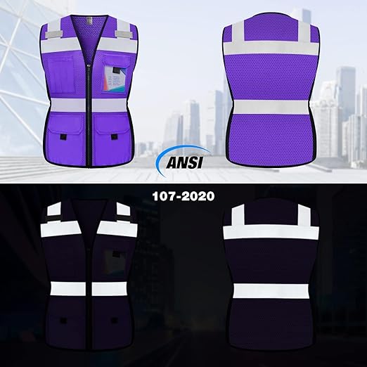 TCCFCCT Safety Vest for Women 11 Pockets Mesh Reflective Vest with Zipper, High Visibility Neon Construction Work Vest for Lady Workers/Surveyors/Drivers, Snug-Fit & Durable, ANSI Compliant, Purple M