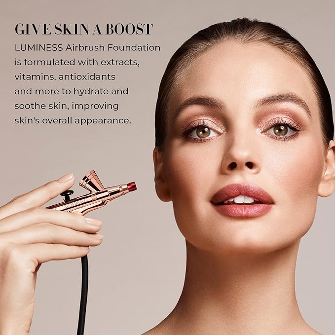 Luminess Silk 4-in-1 Airbrush Foundation Makeup Starter Kit - Warm Coverage, 6-piece - Includes 2x Silk Airbrush Foundation, Blush, Glow Highlighter, Moisturizer Primer  Airbrush Cleaning Solution
