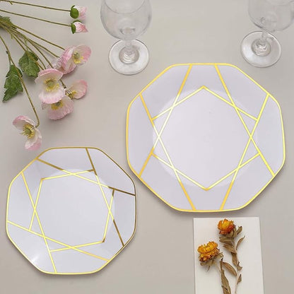 Efavormart 10 Pack | 10" White/Gold Geometric Design Plastic Dessert Plates, Disposable Octagon Salad/Appetizer Party Plates