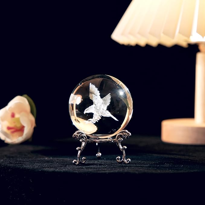 3D Eagle Crystal Ball with Stand Laser Etched Glass Eagle Statue Glass Spheres Decorative Balls(60mm)