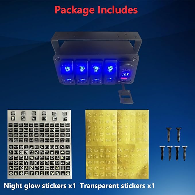 4 Gang Marine Boat Rocker Switch Box 12V SPST Aluminum Rocker Switch Panel PD Type C and QC 3.0 USB Charger Voltmeter Waterproof Switch with Panel DIY Stickers for RVs Boats Trucks