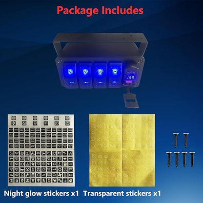 4 Gang Marine Boat Rocker Switch Box 12V SPST Aluminum Rocker Switch Panel PD Type C and QC 3.0 USB Charger Voltmeter Waterproof Switch with Panel DIY Stickers for RVs Boats Trucks