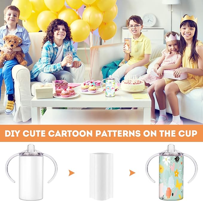 Sublimation Sippy Cup Blank with Handle, 12oz Stainless Steel Sippy Cups, Kids Cups with Straws and Lids Spill Proof Double Wall Vacuum Cup for Children