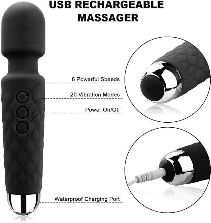 Cordless Wand Massger, Bolly Powerful Personal Massagers for Women with Multi Speeds for Therapeutic Muscle Aches and Sports Recovery-Black