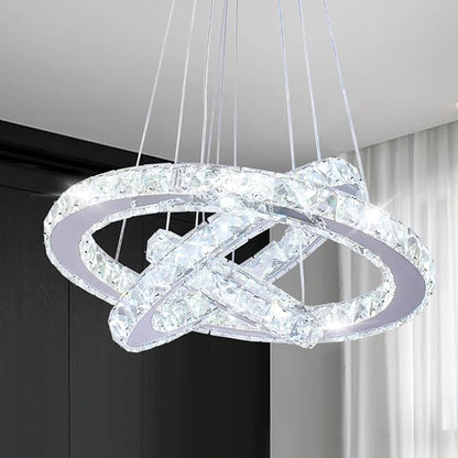 Winretro Modern LED Chandeliers Crystal Chandelier 3 Ring Round Pendant Lighting Adjustable Stainless Steel Ceiling Light Fixture for Living Room Dining Room Bedroom