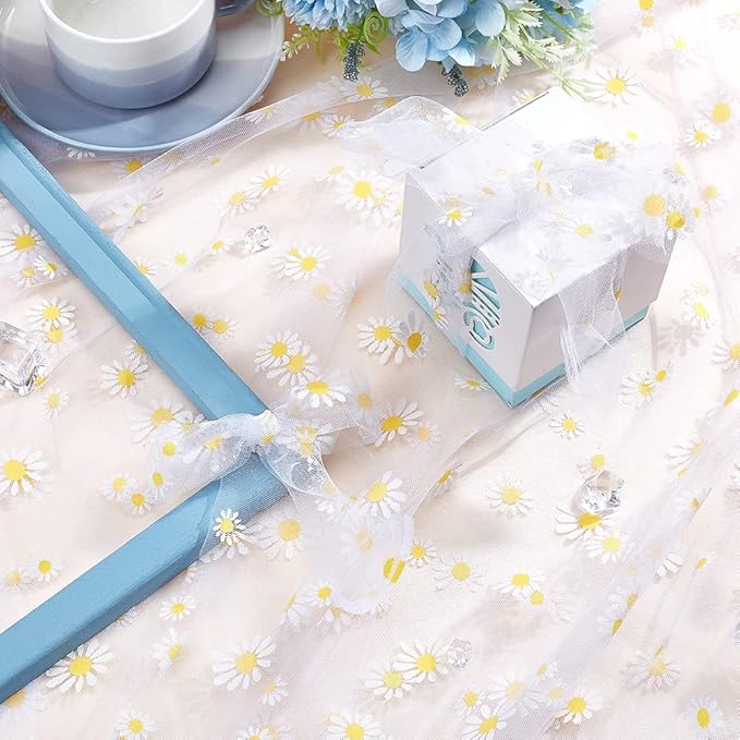 BENECREAT 4 Yard Daisy Flower Print Fabric, White Tulle Lace Ribbon for Wedding Dress Skirt DIY Sewing Decorations Craft Supplies