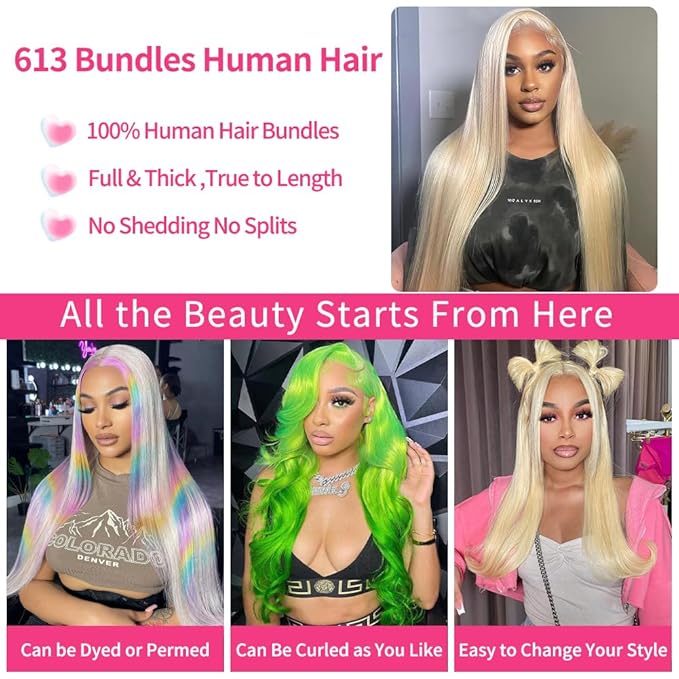 613 Bundles Human Hair Straight Blonde Human Hair Bundles 14A Grade Brazilian Virgin Human Hair Bundles 1 Bundle Blonde Weave Bundles Human Hair 100g (28 Inch)