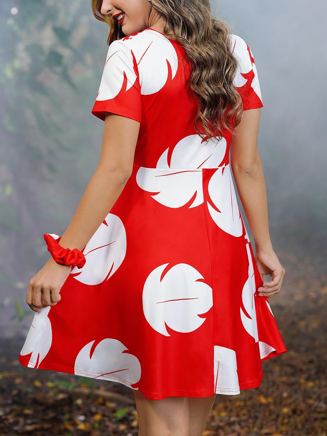 Maisolly Halloween Women's Red Leaf Cosplay Costume Short Sleeve Dress with Wreath and Flower Hair Clip.