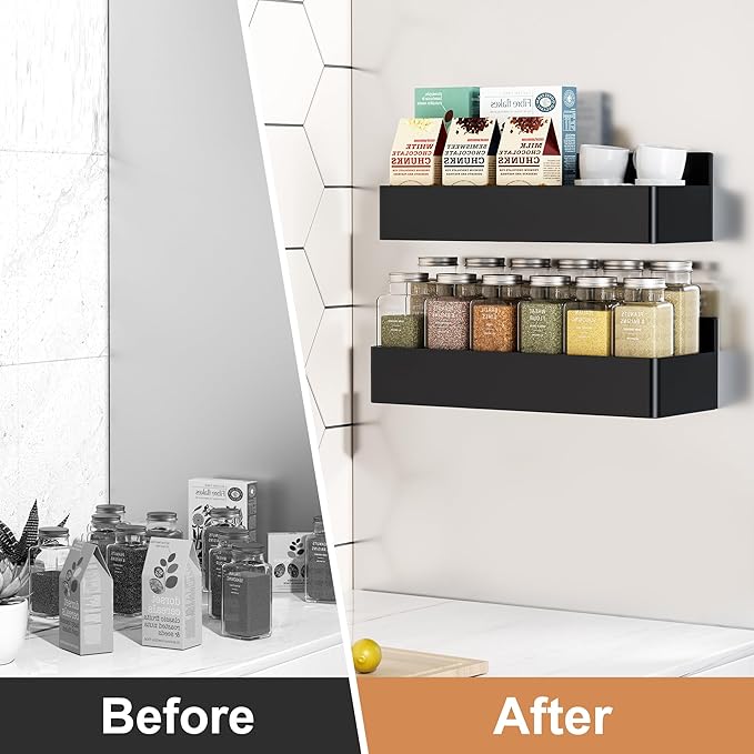 Magnetic Spice Rack for Refrigerator, Kitchen Organizer and Storage Shelf, Black (2 Pack)...