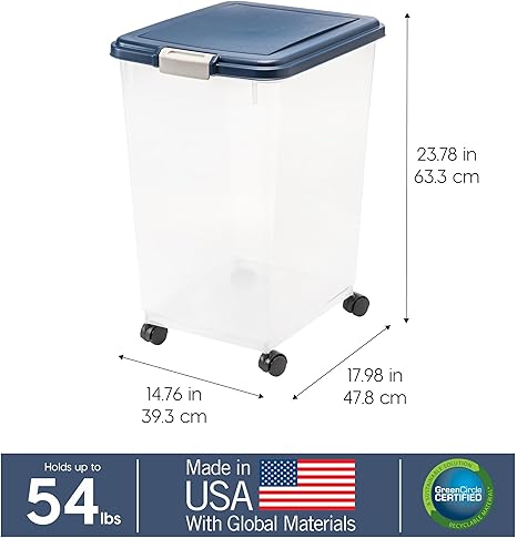 IRIS USA Airtight Dog Food Storage Container, Up to 54 lbs, Attachable Wheels, For Dog Cat Bird and Other Pet Food Storage Bin, Keep Fresh, Translucent Body, Easy Mobility, Navy