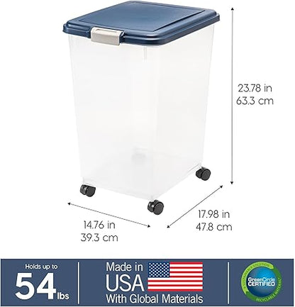 IRIS USA Airtight Dog Food Storage Container, Up to 54 lbs, Attachable Wheels, For Dog Cat Bird and Other Pet Food Storage Bin, Keep Fresh, Translucent Body, Easy Mobility, Navy