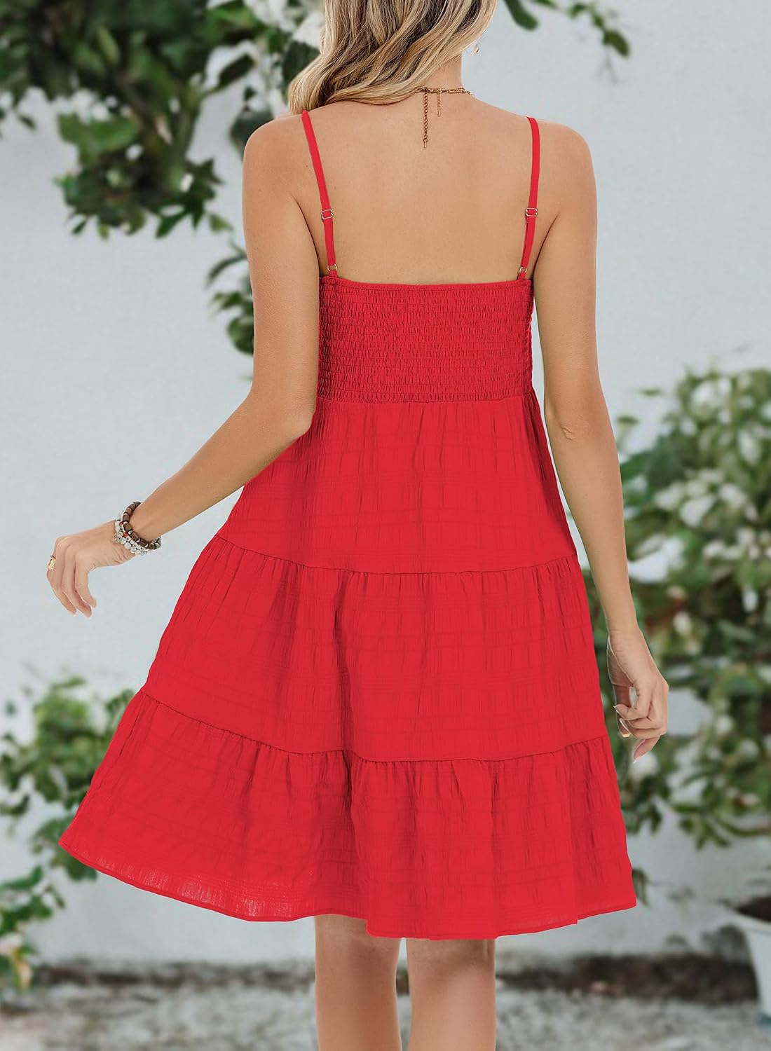 Womens Casual Summer Spaghetti Strap Smocked A Line Beach Vacation Sun Dress Above The Knee