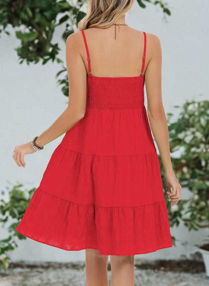 Womens Casual Summer Spaghetti Strap Smocked A Line Beach Vacation Sun Dress Above The Knee
