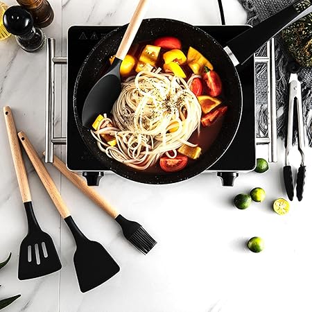 1Pcs Black Silicone Wood Turner Soup Spoon Spatula Brush Scraper Pasta Server Egg Beater Kitchen Cooking Tools Kitchenware
