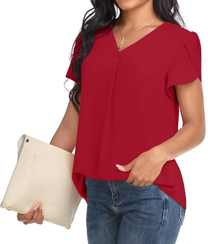 Bestbee Women's Dressy Chiffon Blouses V Neck Tops Tee 2025 Summer Shirts Petal Short Sleeve Casual T-Shirts
