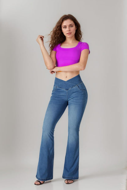 BlueRose Flare Jean for Women,Bell Bottom Jeans for Women Knit Crossover High Waisted Bootcut Jean