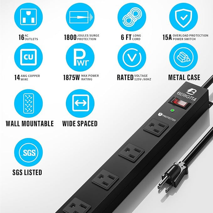 16 Outlet Surge Protector Metal Power Strip, 1800J Mountable Power Outlet, Heavy Duty Workshop Metal Power Strip for Commercial, Industrial, School and Home,15A 125V 1875W (6FT)