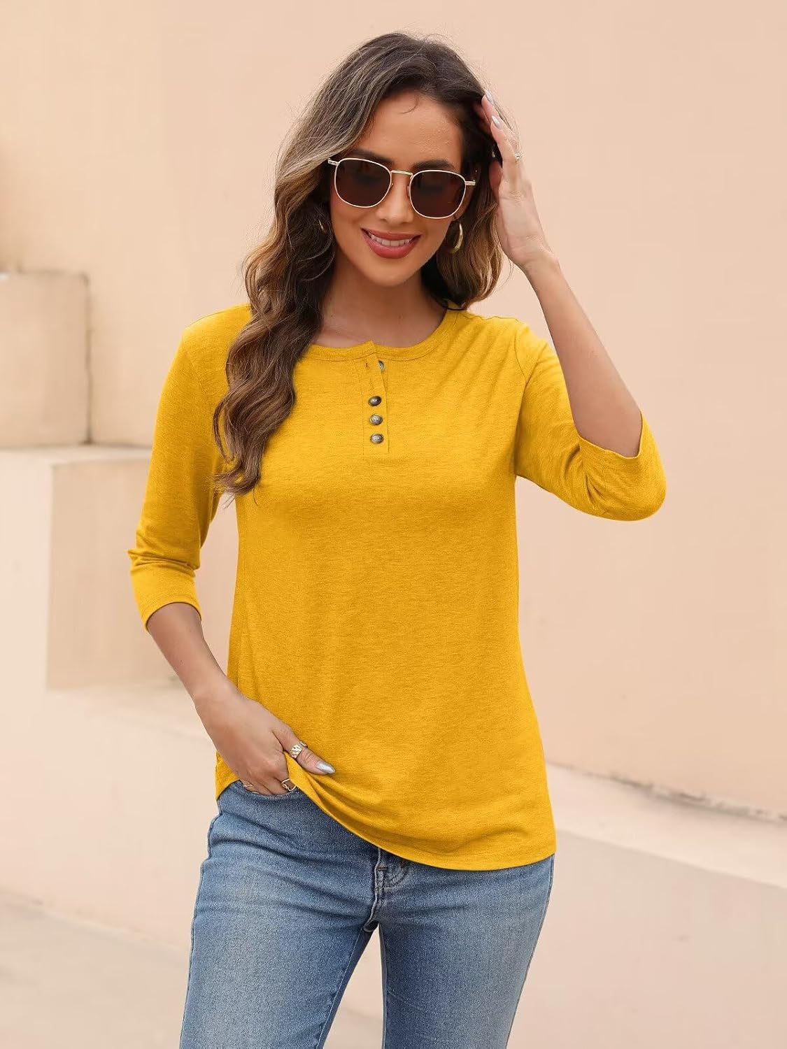 EADINVE Womens Crew Neck 3/4 Sleeve Tops Basic Button T-Shirts Solid Loose Cute Tunic Tee Blouses Fit Pullover