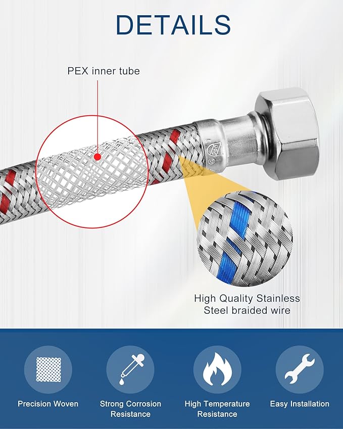 24'' Long Faucet Connector, Stainless Steel Braided cUPC Faucet Supply Lines G12" FIP x 38" Compression Sink Hose Attachment Toilet Water Hose Replacement Parts 2 PCS