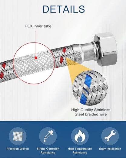 24'' Long Faucet Connector, Stainless Steel Braided cUPC Faucet Supply Lines G12" FIP x 38" Compression Sink Hose Attachment Toilet Water Hose Replacement Parts 2 PCS